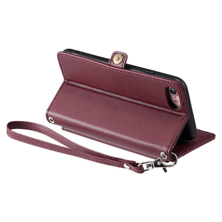For iPhone 16e Leather Case with Wrist Strap Wallet Stand Phone Cover - Wine Red