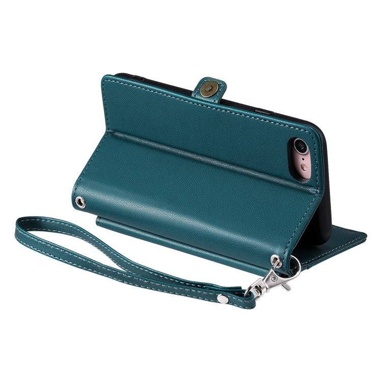 For iPhone 16e Leather Case with Wrist Strap Wallet Stand Phone Cover - Blackish Green