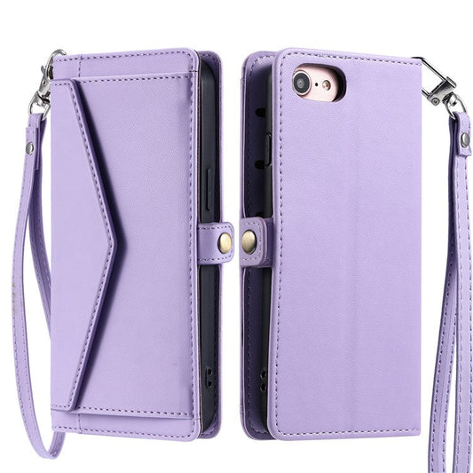 For iPhone 16e Leather Case with Wrist Strap Wallet Stand Phone Cover - Purple