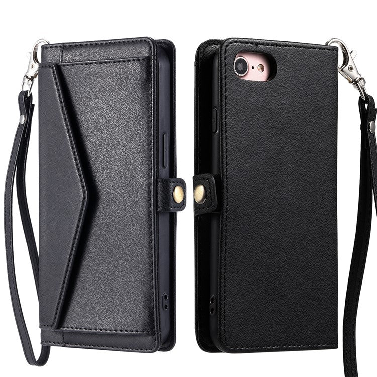 For iPhone 16e Leather Case with Wrist Strap Wallet Stand Phone Cover - Black