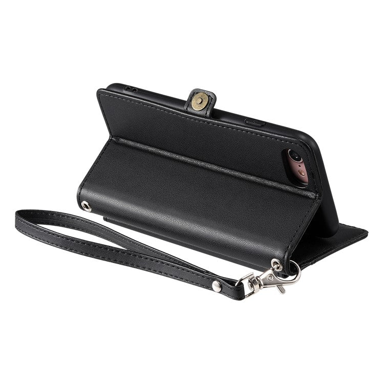 For iPhone 16e Leather Case with Wrist Strap Wallet Stand Phone Cover - Black