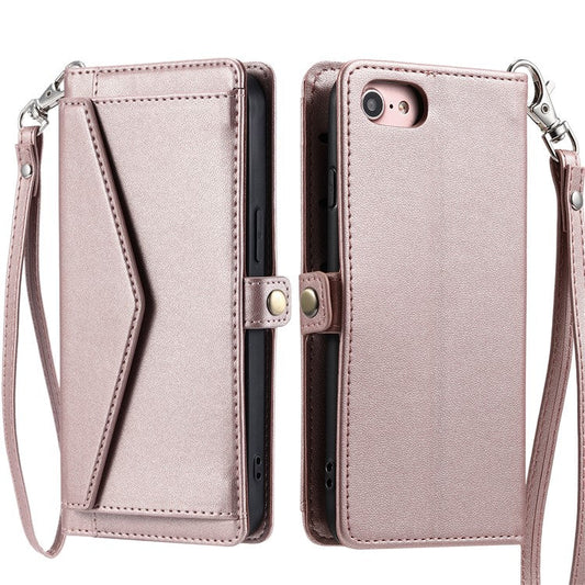 For iPhone 16e Leather Case with Wrist Strap Wallet Stand Phone Cover - Rose Gold