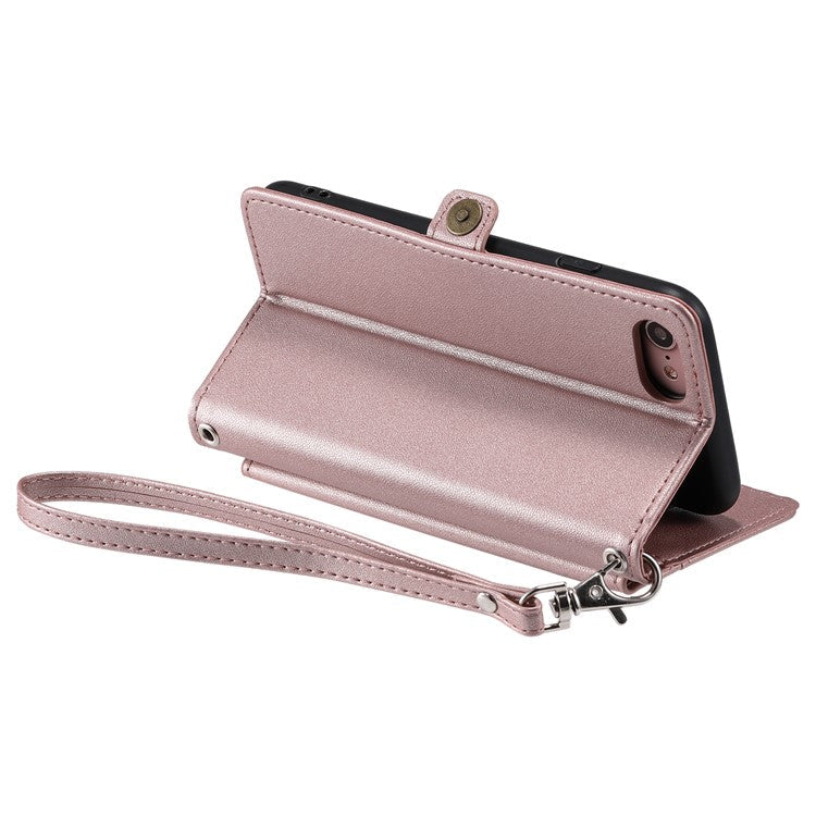 For iPhone 16e Leather Case with Wrist Strap Wallet Stand Phone Cover - Rose Gold