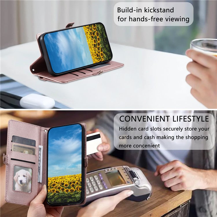 For iPhone 16e Leather Case with Wrist Strap Wallet Stand Phone Cover - Rose Gold