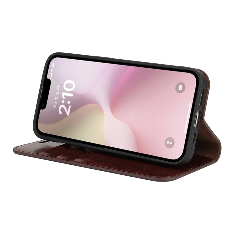 For iPhone 16e Case Crazy Horse Texture Split Leather Wallet Phone Cover - Dark Brown