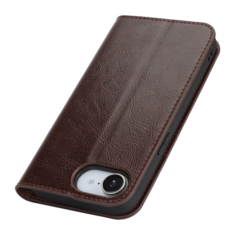 For iPhone 16e Case Crazy Horse Texture Split Leather Wallet Phone Cover - Dark Brown