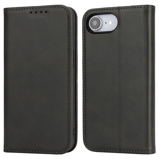 For iPhone 16e Case PU Leather Calf Textured Magnetic Closing Smart Phone Cover - Black