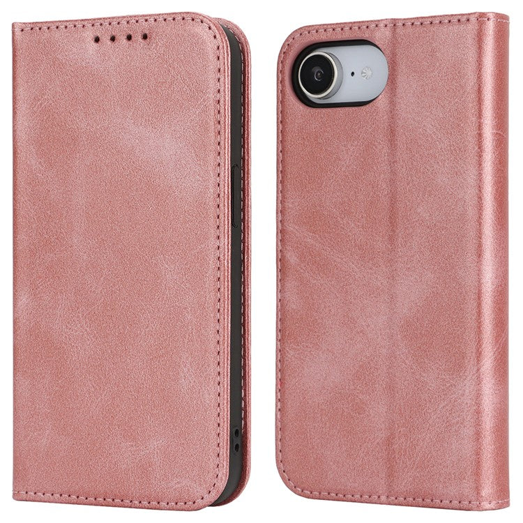For iPhone 16e Case PU Leather Calf Textured Magnetic Closing Smart Phone Cover - Rose Gold