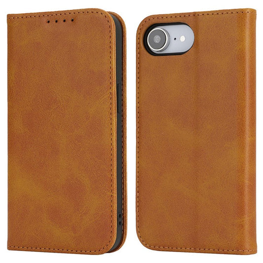 For iPhone 16e Case PU Leather Calf Textured Magnetic Closing Smart Phone Cover - Light Brown