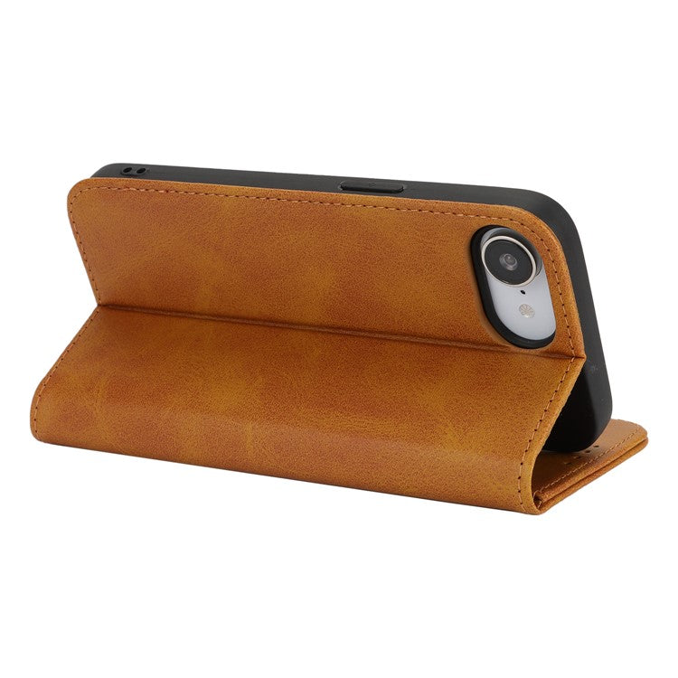 For iPhone 16e Case PU Leather Calf Textured Magnetic Closing Smart Phone Cover - Light Brown