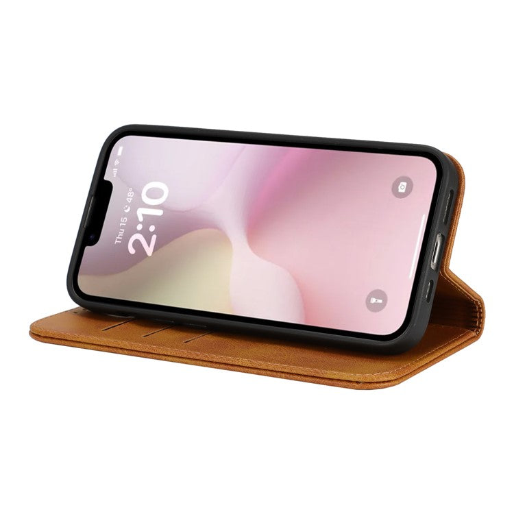 For iPhone 16e Case PU Leather Calf Textured Magnetic Closing Smart Phone Cover - Light Brown