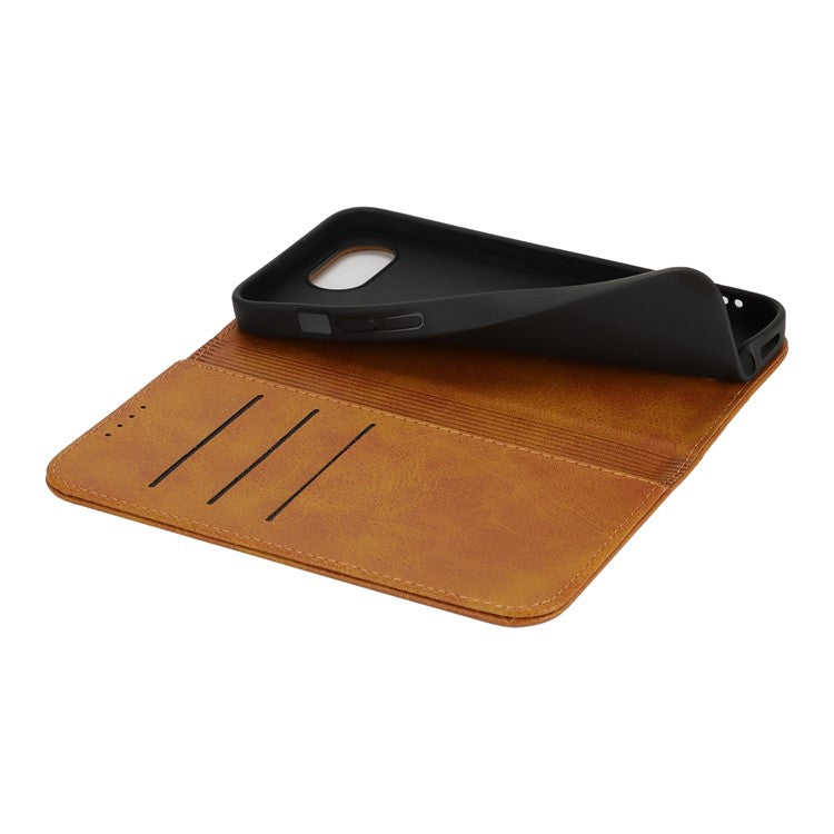 For iPhone 16e Case PU Leather Calf Textured Magnetic Closing Smart Phone Cover - Light Brown