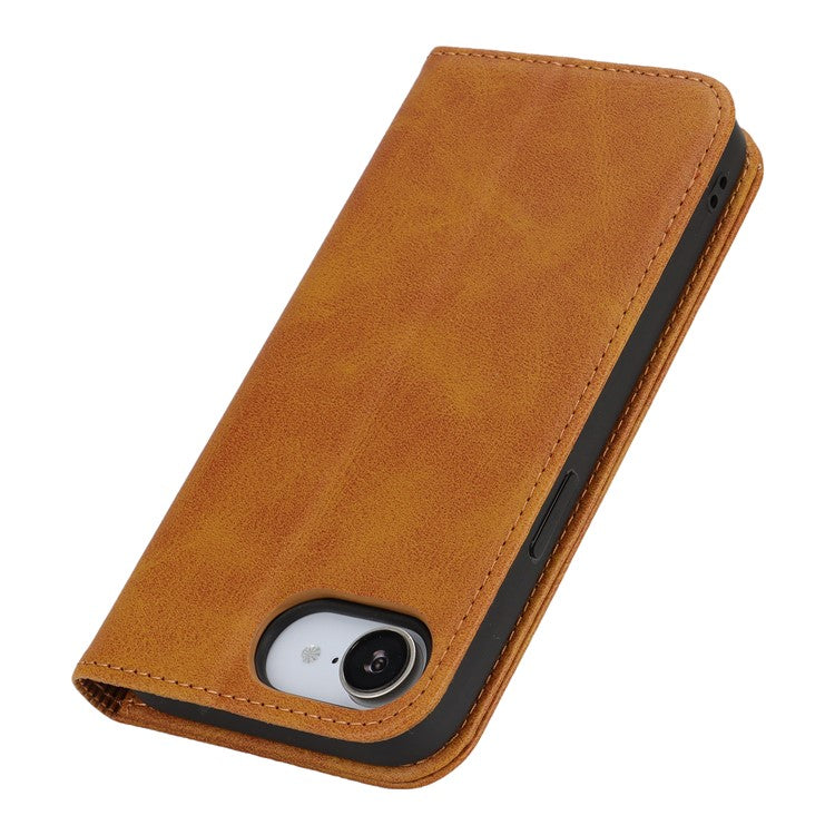 For iPhone 16e Case PU Leather Calf Textured Magnetic Closing Smart Phone Cover - Light Brown
