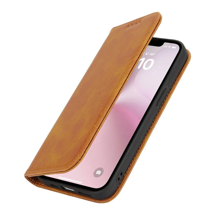 For iPhone 16e Case PU Leather Calf Textured Magnetic Closing Smart Phone Cover - Light Brown
