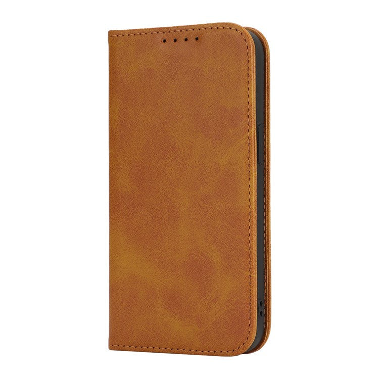 For iPhone 16e Case PU Leather Calf Textured Magnetic Closing Smart Phone Cover - Light Brown