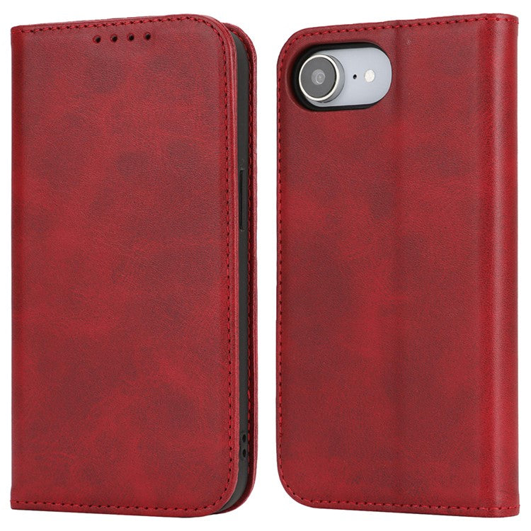 For iPhone 16e Case PU Leather Calf Textured Magnetic Closing Smart Phone Cover - Red