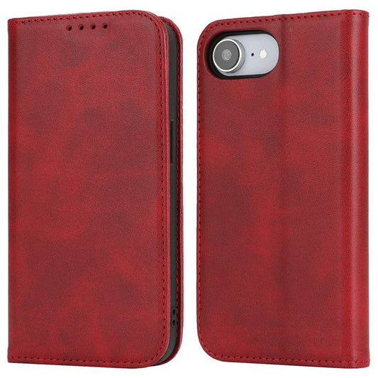 For iPhone 16e Case PU Leather Calf Textured Magnetic Closing Smart Phone Cover - Red
