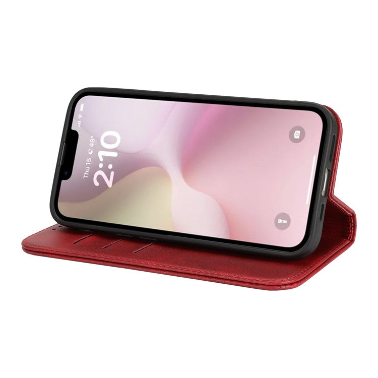 For iPhone 16e Case PU Leather Calf Textured Magnetic Closing Smart Phone Cover - Red