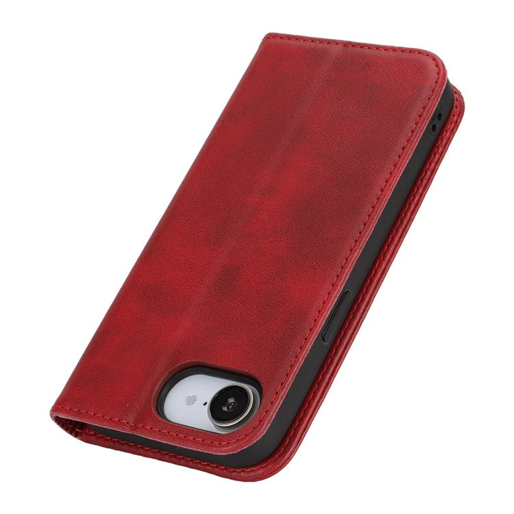 For iPhone 16e Case PU Leather Calf Textured Magnetic Closing Smart Phone Cover - Red