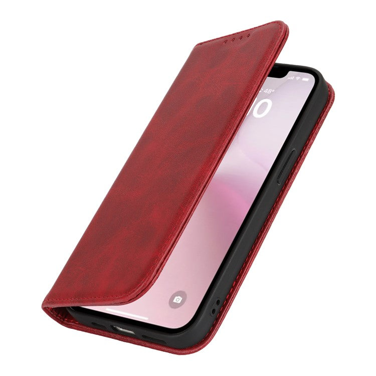 For iPhone 16e Case PU Leather Calf Textured Magnetic Closing Smart Phone Cover - Red