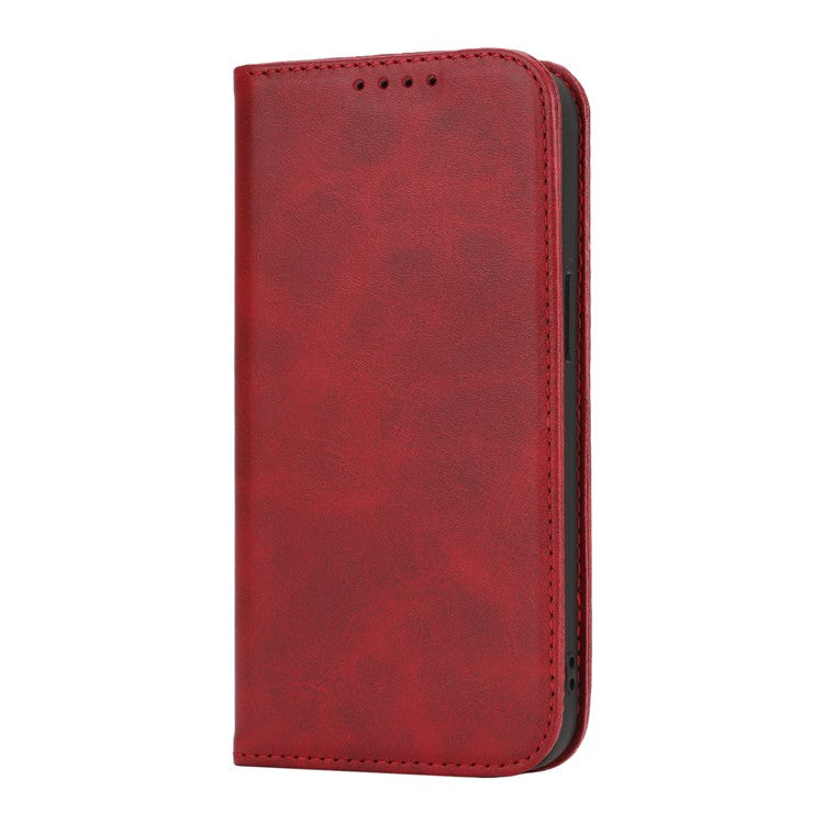 For iPhone 16e Case PU Leather Calf Textured Magnetic Closing Smart Phone Cover - Red