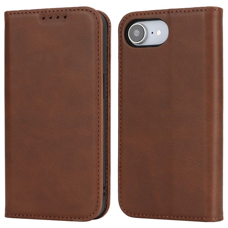 For iPhone 16e Case PU Leather Calf Textured Magnetic Closing Smart Phone Cover - Dark Brown