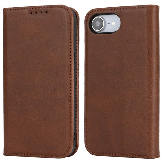 For iPhone 16e Case PU Leather Calf Textured Magnetic Closing Smart Phone Cover - Dark Brown