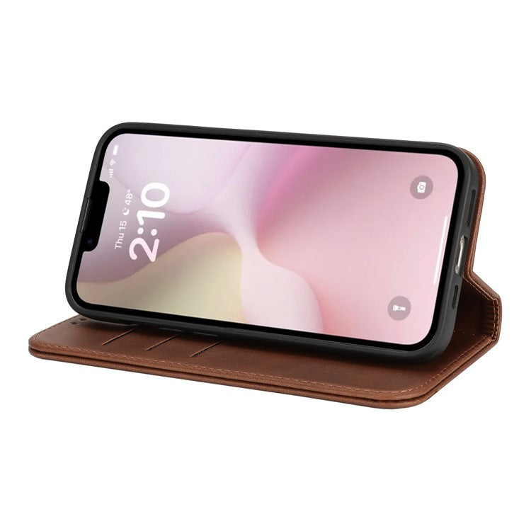 For iPhone 16e Case PU Leather Calf Textured Magnetic Closing Smart Phone Cover - Dark Brown