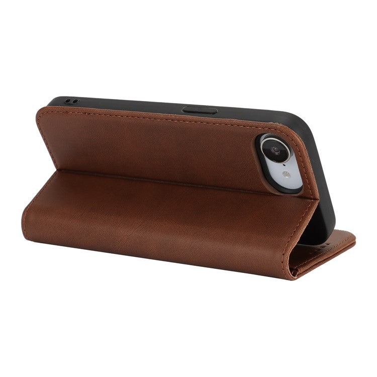 For iPhone 16e Case PU Leather Calf Textured Magnetic Closing Smart Phone Cover - Dark Brown