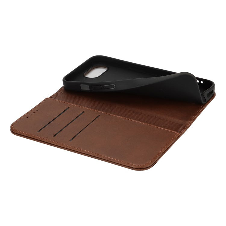 For iPhone 16e Case PU Leather Calf Textured Magnetic Closing Smart Phone Cover - Dark Brown