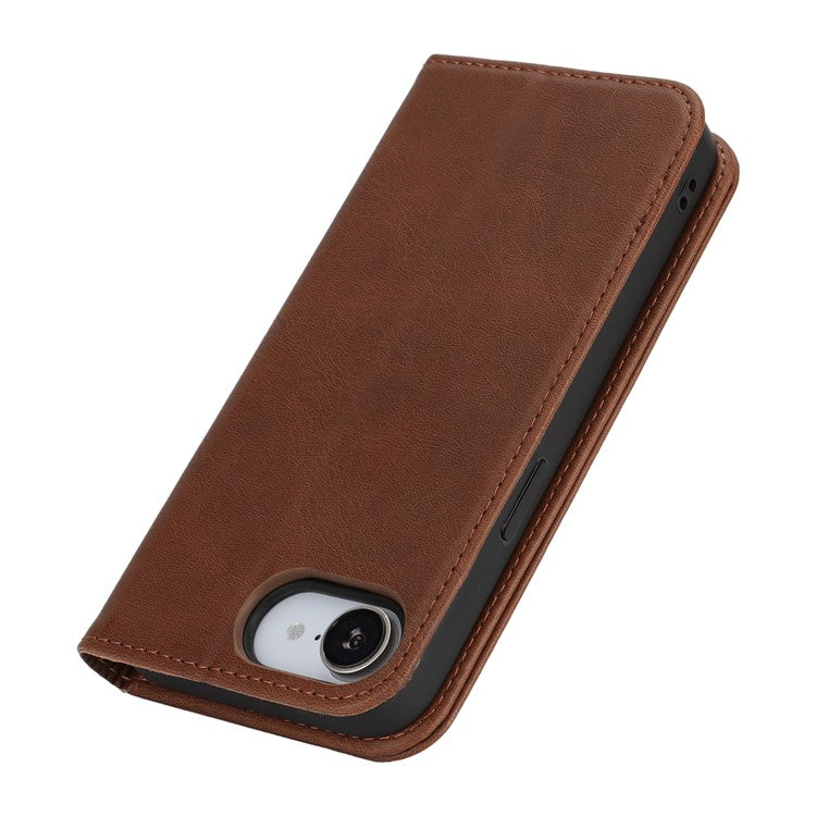 For iPhone 16e Case PU Leather Calf Textured Magnetic Closing Smart Phone Cover - Dark Brown