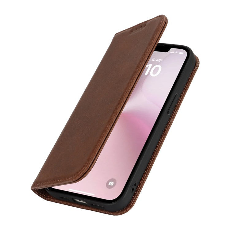 For iPhone 16e Case PU Leather Calf Textured Magnetic Closing Smart Phone Cover - Dark Brown