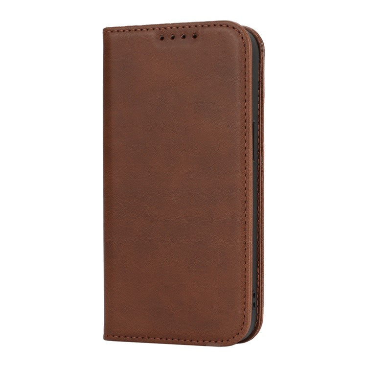 For iPhone 16e Case PU Leather Calf Textured Magnetic Closing Smart Phone Cover - Dark Brown