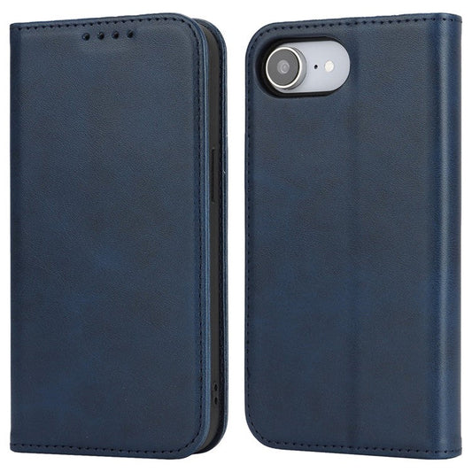 For iPhone 16e Case PU Leather Calf Textured Magnetic Closing Smart Phone Cover - Dark Blue