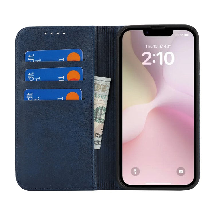 For iPhone 16e Case PU Leather Calf Textured Magnetic Closing Smart Phone Cover - Dark Blue