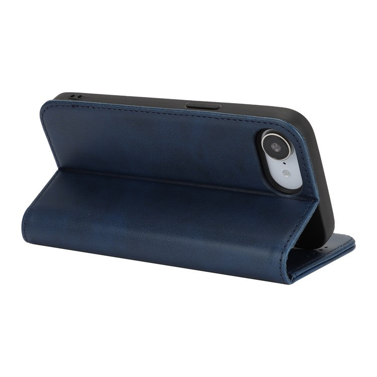 For iPhone 16e Case PU Leather Calf Textured Magnetic Closing Smart Phone Cover - Dark Blue