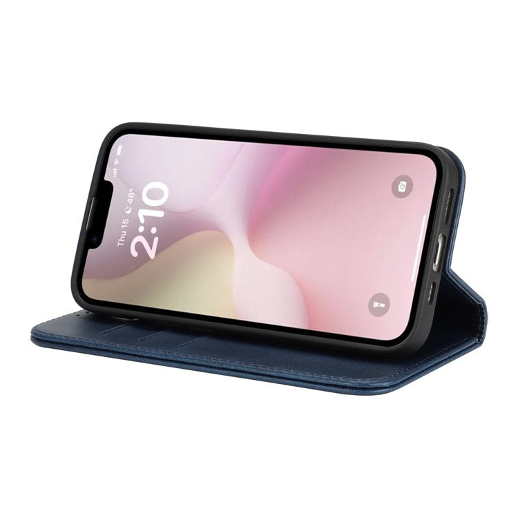 For iPhone 16e Case PU Leather Calf Textured Magnetic Closing Smart Phone Cover - Dark Blue