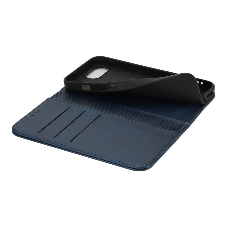 For iPhone 16e Case PU Leather Calf Textured Magnetic Closing Smart Phone Cover - Dark Blue