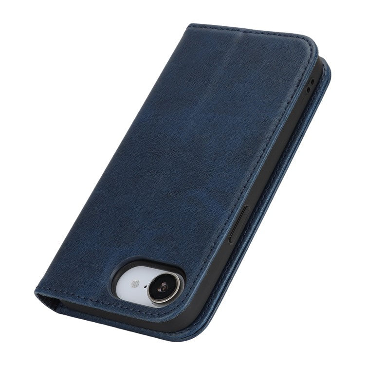 For iPhone 16e Case PU Leather Calf Textured Magnetic Closing Smart Phone Cover - Dark Blue