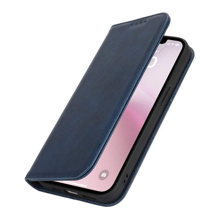 For iPhone 16e Case PU Leather Calf Textured Magnetic Closing Smart Phone Cover - Dark Blue
