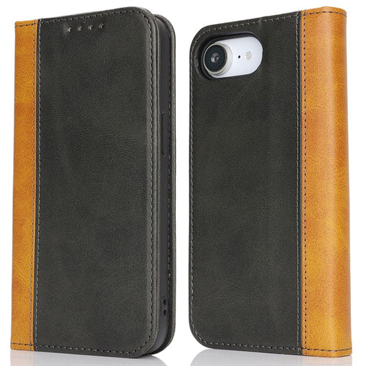 For iPhone 16e Case Calf Texture 3 Card Slots Color Splicing Leather Phone Cover - Black + Yellow