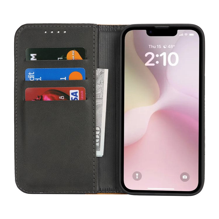 For iPhone 16e Case Calf Texture 3 Card Slots Color Splicing Leather Phone Cover - Black + Yellow