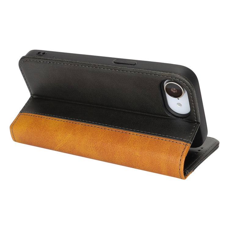 For iPhone 16e Case Calf Texture 3 Card Slots Color Splicing Leather Phone Cover - Black + Yellow
