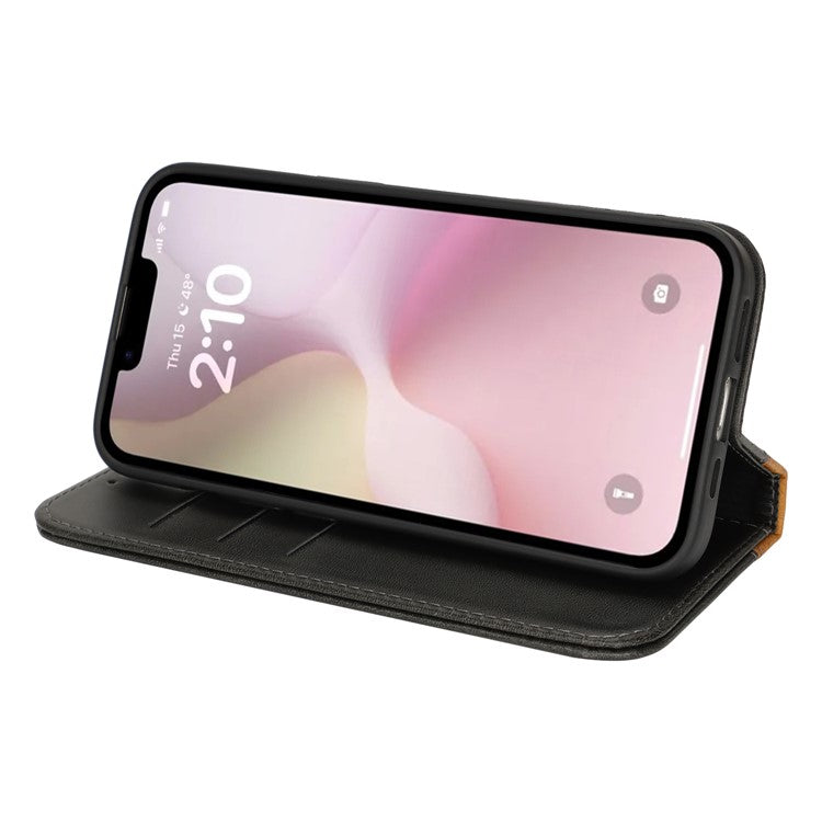 For iPhone 16e Case Calf Texture 3 Card Slots Color Splicing Leather Phone Cover - Black + Yellow