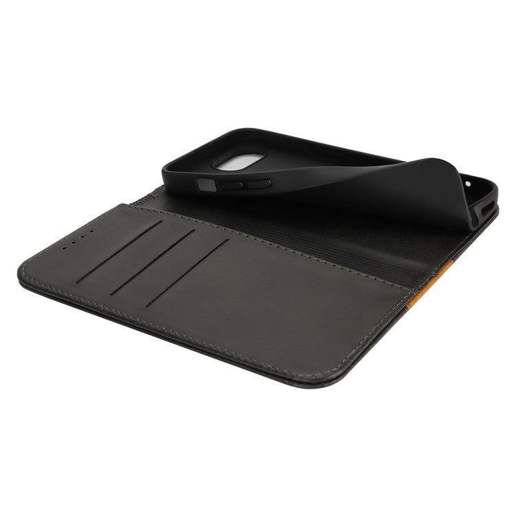 For iPhone 16e Case Calf Texture 3 Card Slots Color Splicing Leather Phone Cover - Black + Yellow