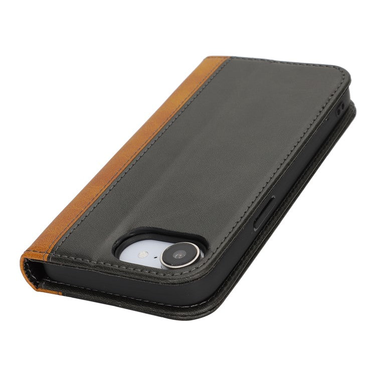 For iPhone 16e Case Calf Texture 3 Card Slots Color Splicing Leather Phone Cover - Black + Yellow