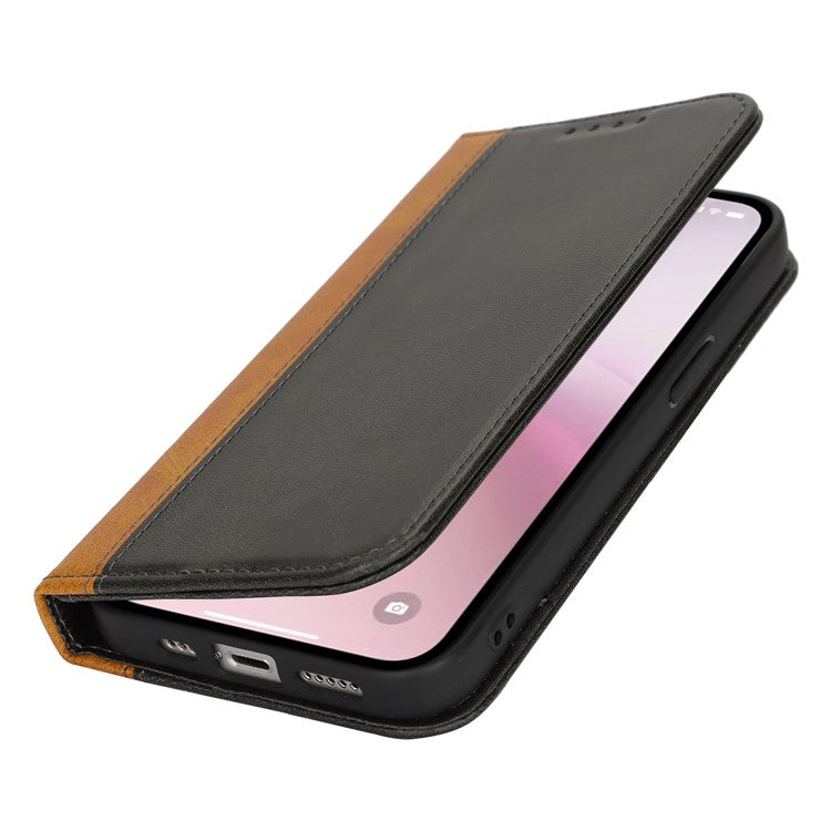 For iPhone 16e Case Calf Texture 3 Card Slots Color Splicing Leather Phone Cover - Black + Yellow