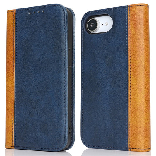 For iPhone 16e Case Calf Texture 3 Card Slots Color Splicing Leather Phone Cover - Blue + Yellow