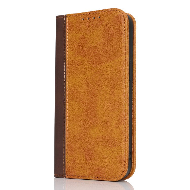 For iPhone 16e Case Calf Texture 3 Card Slots Color Splicing Leather Phone Cover - Yellow + Brown