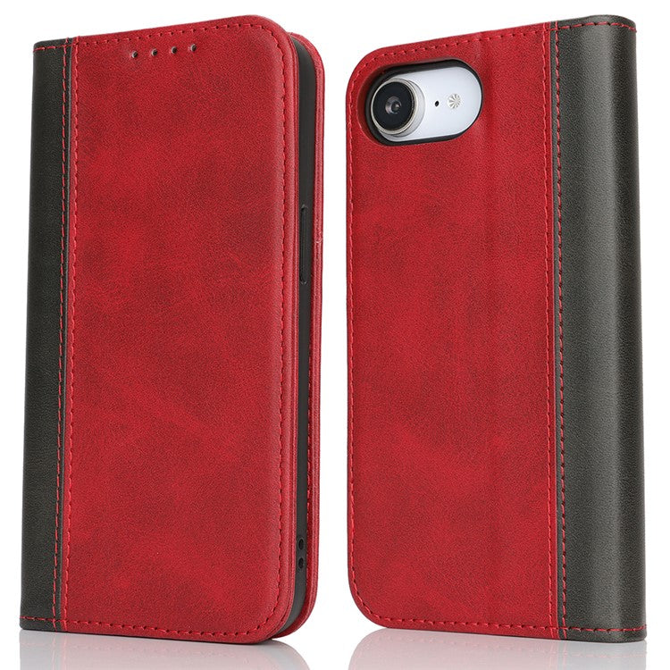For iPhone 16e Case Calf Texture 3 Card Slots Color Splicing Leather Phone Cover - Red + Black